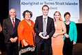 Aidan Train, Spinifex State College, Mount Isa - Highest Achievement by an Aboriginal or Torres Strait Islander Student. </br>(L to R) Brian Short, Professor Tracey Bunda, Aidan Train, The Honourable Kate Jones MP, USQ Vice-Chancellor Jan Thomas.